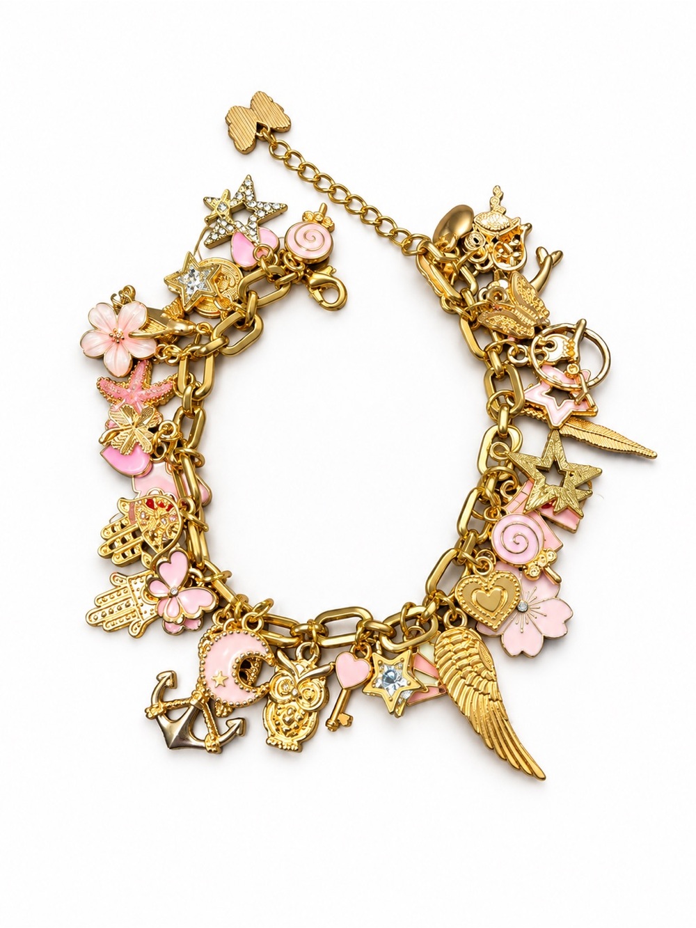 Gold-Tone Pink Enamel Charm Bracelet for Women